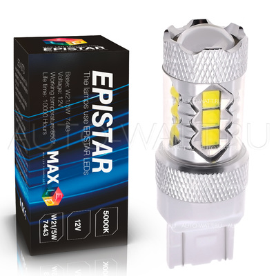Светодиодная лампа W21/5W 7443 - 16 Epistar Линза 80Вт