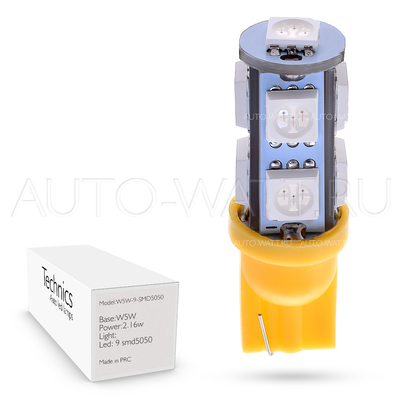 Светодиодная лампа WY5W T10 – 9 SMD5050 2.16Вт Жёлтая